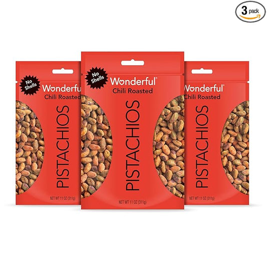 Wonderful Pistachios No Shells, Chili Roasted Nuts, 11 Ounce Bag (Pack of 3), Protein Snacks, Gluten Free, Healthy Snacks for Adults