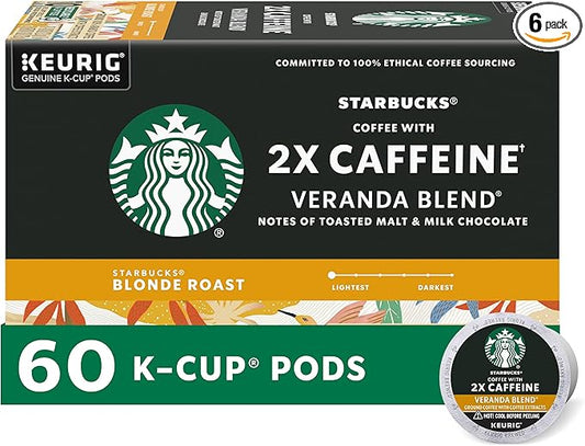 Starbucks K-Cup Coffee Pods, Starbucks Blonde Roast Coffee With 2X Caffeine Veranda Blend For Keurig Brewers, 100% Arabica, 6 Boxes (60 Pods Total)
