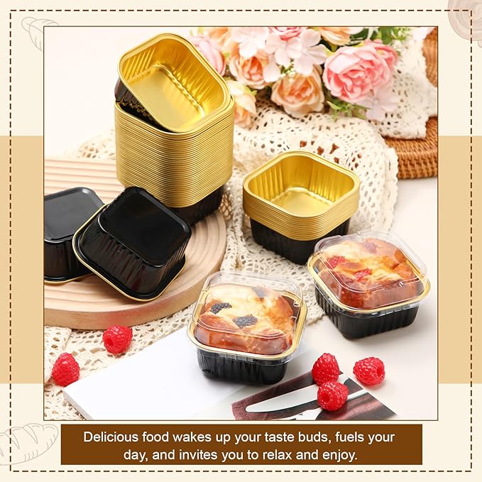 200 Pack 5 oz Square Baking Cups with Lids Aluminum Foil Mini Cake Pans with Lids Disposable Ramekins Tins Dessert Containers Cupcake Pans for Pudding Souffle Wedding Birthday Party Picnic