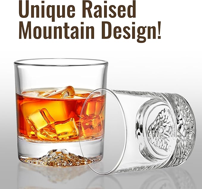 Whiskey Glasses Set of 6 with Unique Raised Mountain Base, Premium Crystal Bourbon Scotch Glass for Men Dad, Solid Old Fashioned Glass Lowball Glasses Rocks Glasses -12Oz