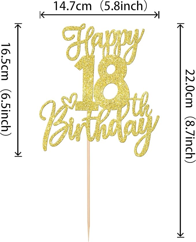 1 PCS Happy 18th Birthday Cake Topper Glitter Cheers to 18 Years Birthday Cake Pick Eighteen Hello 18 Fabulous Cake Decoration for Happy 18th Birthday Anniversary Party Decorations Supplies Gold