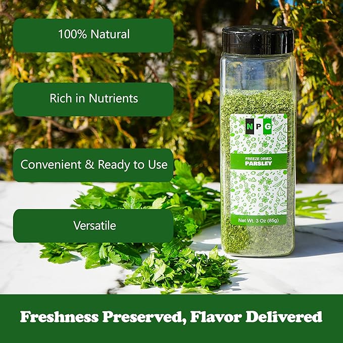 NPG Freeze-Dried Parsley Flakes 3 Oz, Dehydrated Chopped Parsley for Cooking, Soups, Pasta, and Garnish, Aromatic Herb Seasoning, Non-GMO, Gluten-Free, Green Leafy Curly Herb