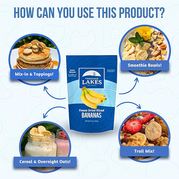 Thousand Lakes Freeze Dried Fruit - Sliced Bananas 4-pack 3.2 ounces (12.8 ounces total) | No Sugar Added | No Oils or Fat