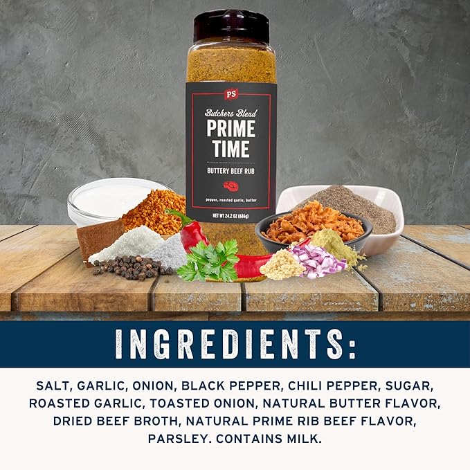 PS Seasoning Prime Time Butchers Blend - Buttery Garlic and Herb BBQ Seasoning & Beef Rub for Smoking, Grilling or Baking - Dry BBQ Rubs and Spices for Grilling Steaks, Pork, Chicken, Beef, 24.2oz