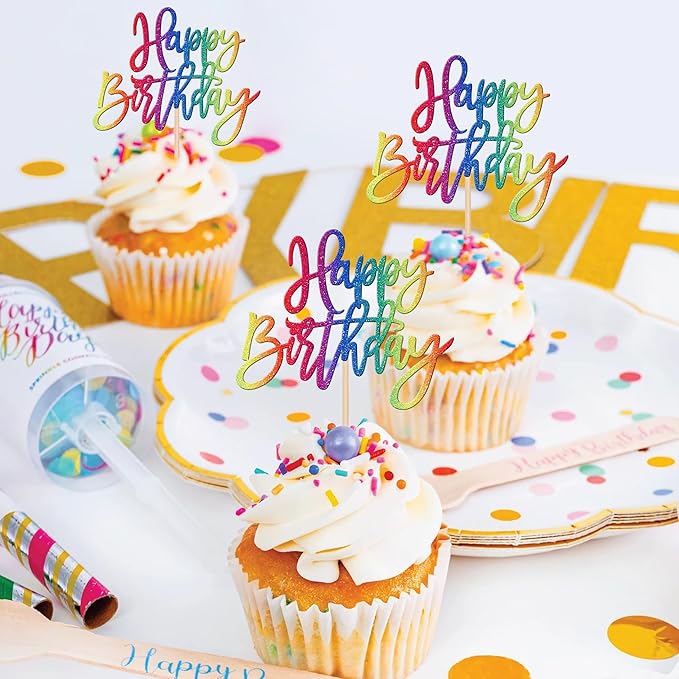 24 PCS Glitter Cupcake Toppers - Happy Birthday & Anniversary Picks for Celebrating Parties - Colorful