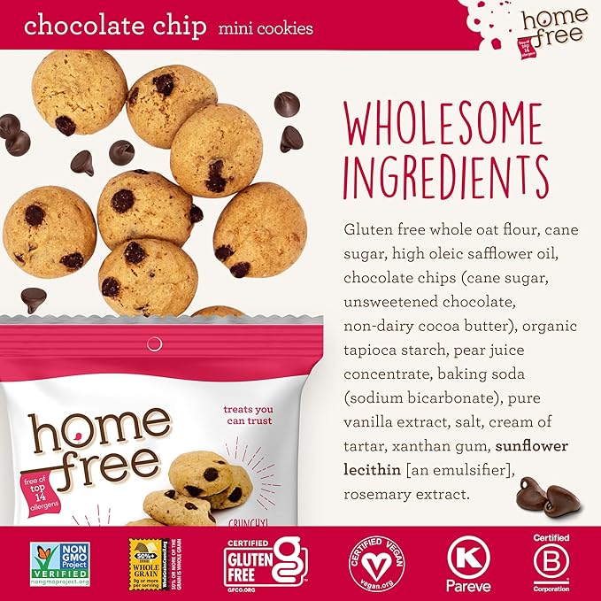 Homefree Treats You Can Trust Gluten Free Mini Cookies, Single Serve, Chocolate Chip, 1.1 Ounce (Pack of 10)