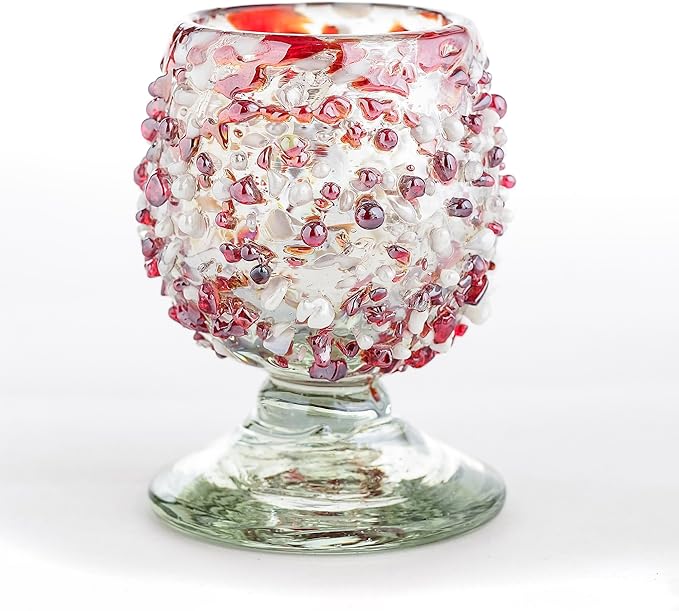 Authentic Mexican Tequila Shot Glasses (Set of 4) - Hand Blown 2oz Mini Snifters - Festive Red & White Stone Blend, Heavy Base