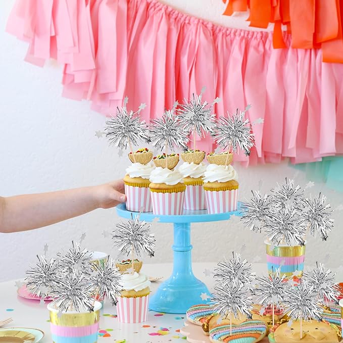 Rsstarxi 30 Pack Foil Firework Cupcake Toppers Sparkle Tinsel Drink Birthday Cake Decorations Cocktail Food Fruit Toothpick for New Years Wedding Birthday Party Decorations Silver