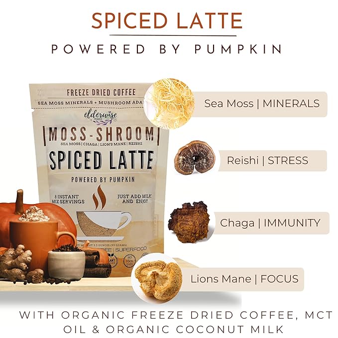 Elderwise Organics Coffee Spiced Latte | Powered by Pumpkin & Mushrooms | Sea Moss, Chaga, Lion's Mane, Reishi | 8 Servings - Freeze Dried Instant - Chemical free - Fair Trade