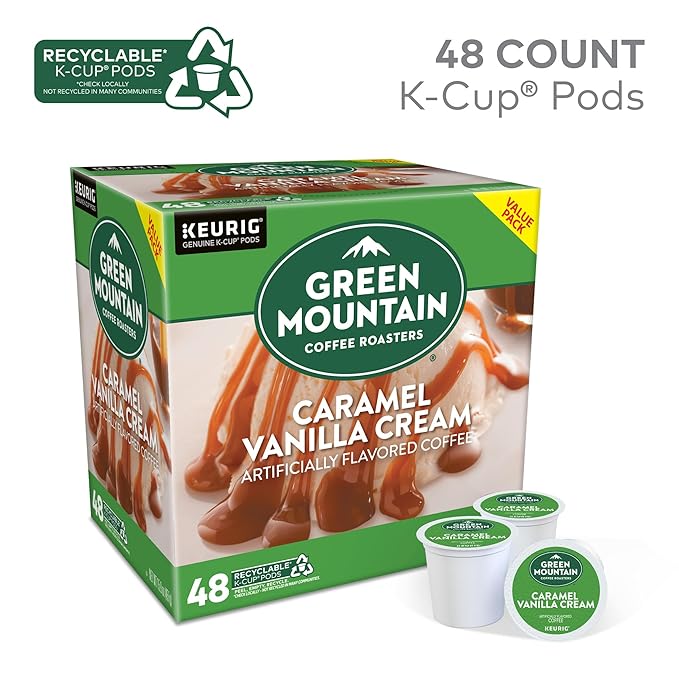 Green Mountain Coffee Roasters Caramel Vanilla Cream, Single-Serve Keurig K-Cup Pods, Flavored Light Roast Coffee Pods, 48 Count