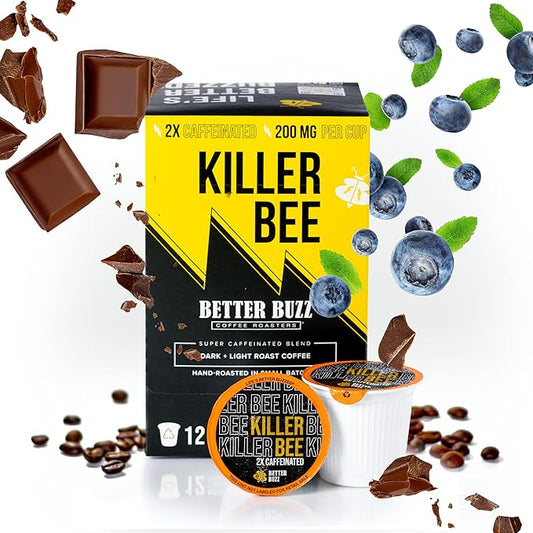 Better Buzz Killer Bee Super Caffeinated Dark Roast Light Roast Blend 12ct., California Solar Energy Produced Recyclable Coffee Pods, Small Batch Roasted Coffee, K-Cup Compatible, Life's Better Buzzed