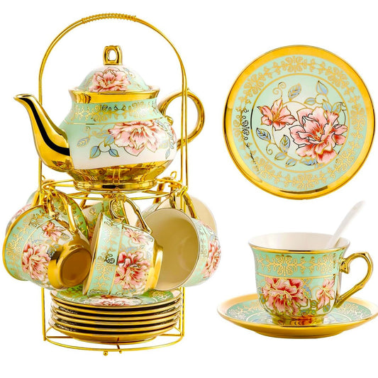 20 Pieces Porcelain Tea Set With Metal Holder, European Ceramic tea set for adults,Flower Tea