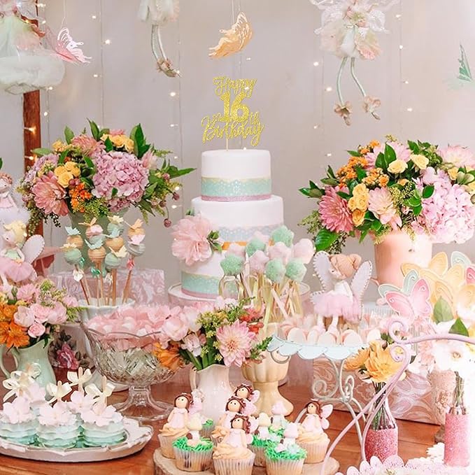 1 PCS Happy 16th Birthday Cake Topper Glitter Cheers to 16 Years Birthday Cake Pick Sixteen Sweet 16 Cake Decoration for Happy 16th Birthday Anniversary Theme Party Decorations Supplies Gold