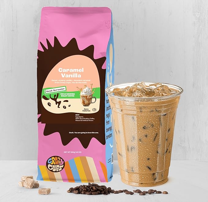 Crazy Cups Decaf Flavored Ground Coffee, Caramel Vanilla, in 10 oz Bags, For Brewing Flavored Hot or Iced Decaf Coffee, 3 Pack