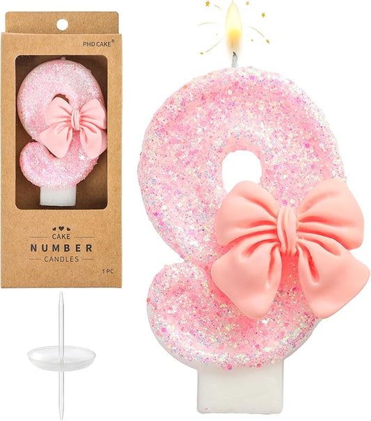 PHD CAKE Number 9 Pink Bowknot Birthday Candles, Cute Themed Number Candles, Party Celebration