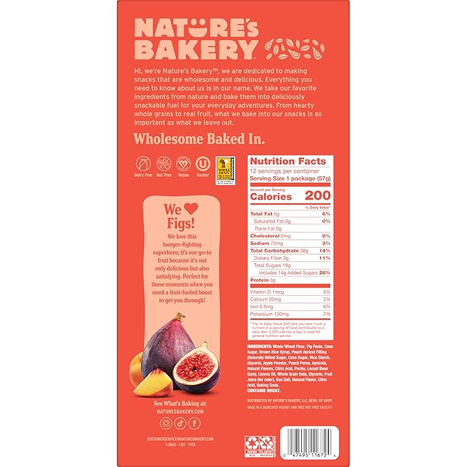 Nature?™s Bakery Whole Wheat Fig Bars, Peach Apricot, Real Fruit, Vegan, Non-GMO, Snack bar, 1 box with 12 twin packs (12 twin packs)