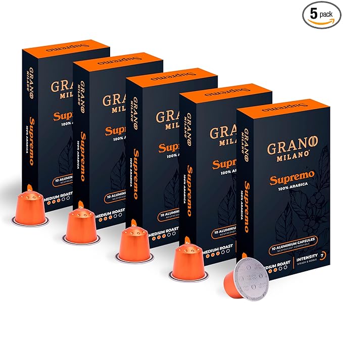 New Grano Milano Supremo Coffee Capsules - 50 Aluminum Coffee Pods Compatible with Nespresso Original line, 100% Arabica Medium Roast - Intensity 7/12, Made in Italy