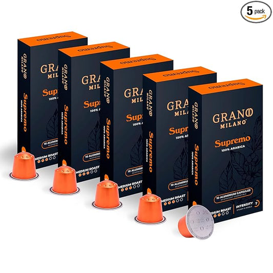 New Grano Milano Supremo Coffee Capsules - 50 Aluminum Coffee Pods Compatible with Nespresso Original line, 100% Arabica Medium Roast - Intensity 7/12, Made in Italy