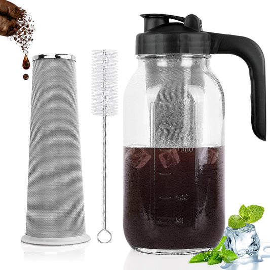 Cold Brew Coffee Maker Pitcher, 64 Oz Heavy Duty Glass Mason Jar Pitcher with V-shaped Pour Spout