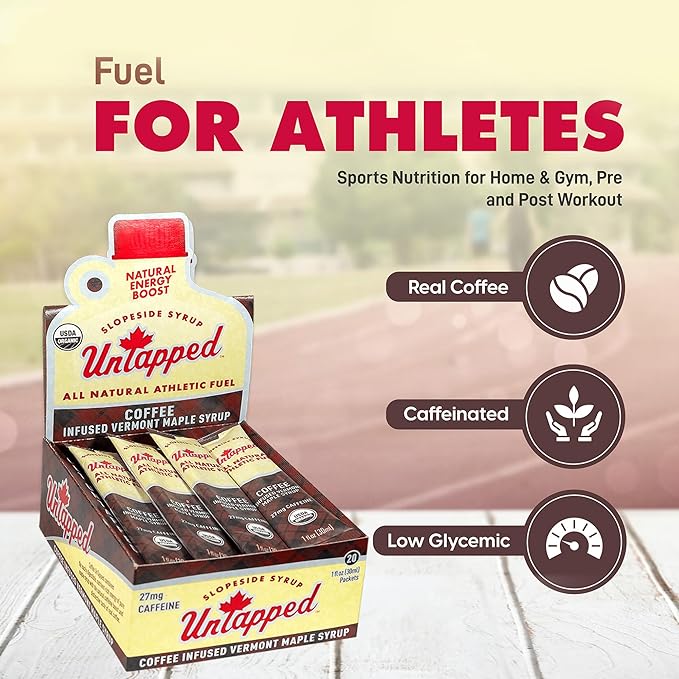 UnTapped Coffee Infused Vermont Maple Syrup Packets for Athletes, Box of 20-1 fl oz | Pure Maple Syrup with Organic Coffee for Natural Endurance Energy | Fuel to Keep You Running Longer