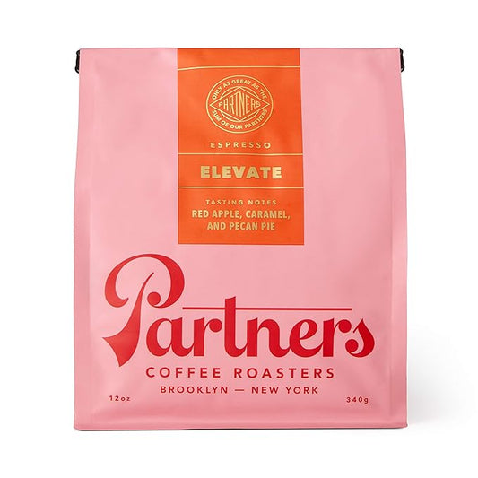 PARTNERS COFFEE ROASTERS - Whole Bean Coffee (Elevate - Espresso, Medium Roast) 12oz - Well-Balanced, Comfortable Espresso - Red Apple, Caramel, Pecan Pie - Coffee Beans - Roasted in New York City