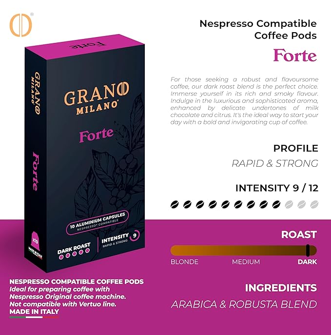 New Grano Milano Forte Coffee Capsules - 50 Aluminum Coffee Pods Compatible with Nespresso Original line, Dark Roast - Intensity 9/12, Made in Italy