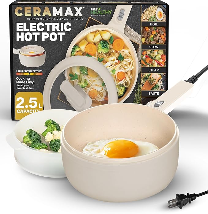 PRO 2.5L Electric Hot Pot with Lid & Steamer, Non Toxic Ceramic Cooker Skillet for Ramen, Eggs, Pasta for Dorms, Camping, RVs, Work, Adjustable Temp. - New Improved 2025 Model