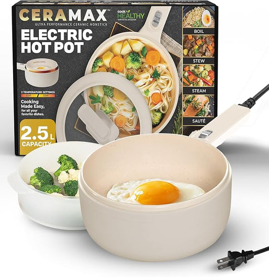 PRO 2.5L Electric Hot Pot with Lid & Steamer, Non Toxic Ceramic Cooker Skillet for Ramen, Eggs, Pasta for Dorms, Camping, RVs, Work, Adjustable Temp. - New Improved 2025 Model