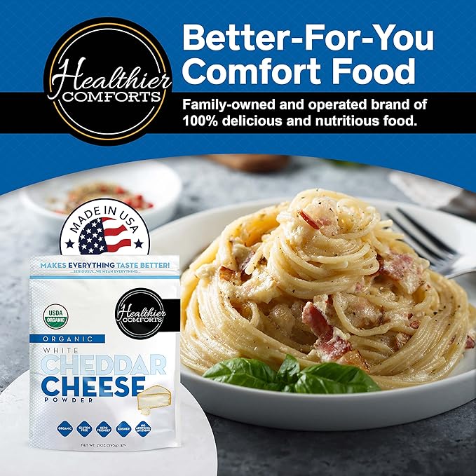 Healthier Comforts Organic White Cheddar Cheese Powder | Gluten Free, Kosher, Keto-Friendly, Non-GMO, Antibiotic & Hormone Free | Perfect for Popcorn Seasoning, Mac and Cheese, Pasta & Sauces (21 oz)