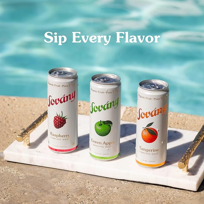 Sovány Flavored Sparkling Water, Variety Pack, Seltzer Water Drinks, USDA Organic, Made With Real Fruit, Non-GMO, Vegan, No Added Sugar, Low Calorie, Tangerine, Raspberry & Green Apple, 12 fl oz, 12 Pack