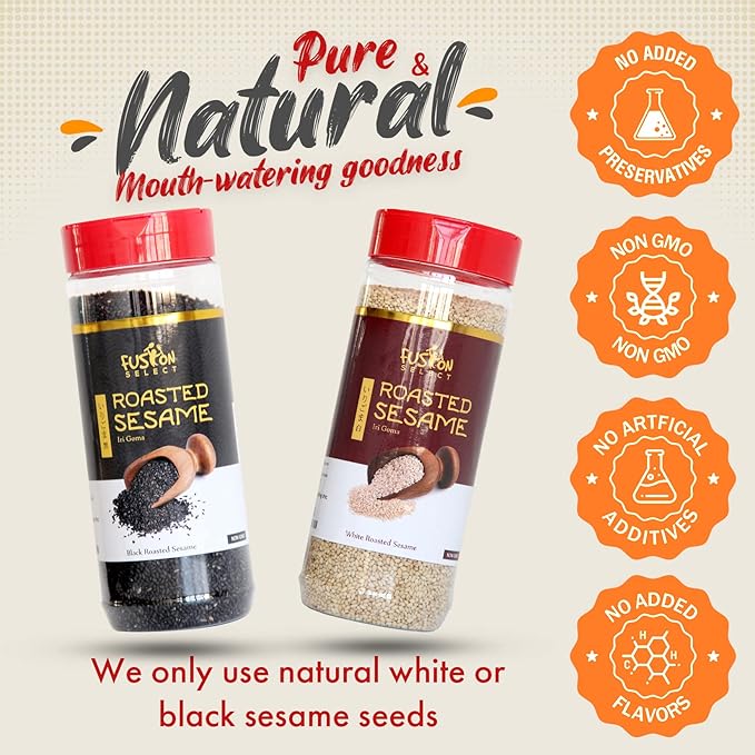Fusion Select Roasted White Sesame Seeds - Natural Toasted Sesame Seeds - Crispy, Crunchy, Nutty Taste for Asian, Mediterranean & Middle Eastern Cuisine - Salad, Soup, Noodle & Sushi Topping