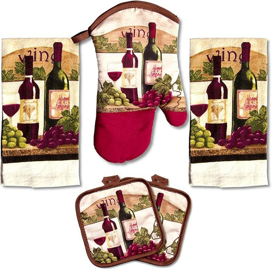 Lobyn Value Packs - Wine Lover?셲 Kitchen Set: 5 Pieces with Grape & Wine Bottle Motif, includes 2 Artistic Dish Towels, Oven Mitt, and 2 Quilted Potholders