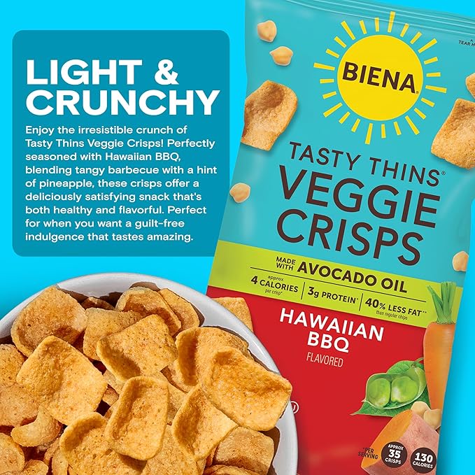 BIENA Tasty Thins Veggie Crisps ??Hawaiian BBQ, 4-Pack, 4 oz Bags ??Chickpeas & Veggies, Vegan, Gluten Free, Dairy-Free, Non-GMO, Allergy-Friendly, Healthy Snacks for Adults and Kids