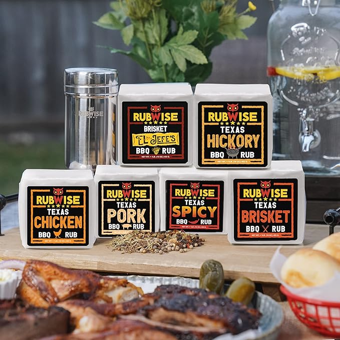 RubWise Texas Style BBQ Rub Gift Set (6 x 1 lb bags) | Meat Spice and Seasoning Variety Pack | Smoking & Grilling Gifts for Men | Brisket Rubs, Chicken, Pork, Hickory, Spicy, El Jefe | Shaker Included
