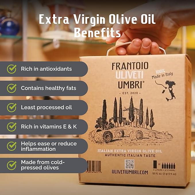Frantoio Uliveti Umbri Bag in Box Olive Oil | Authentic Italian Extra Virgin Olive Oil | Perfect for Finishes and Dressings | Cold Pressed 100% Made in Italy | Bag-in-Box 3L (101.4 Fl Oz)