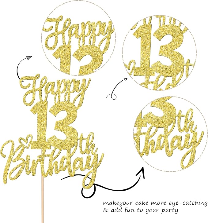 1 PCS Happy 13th Birthday Cake Topper Glitter Cheers to 13 Years Birthday Cake Pick 13 Official Teenager Cake Decoration for Happy 13th Birthday Anniversary Theme Party Decorations Supplies Gold