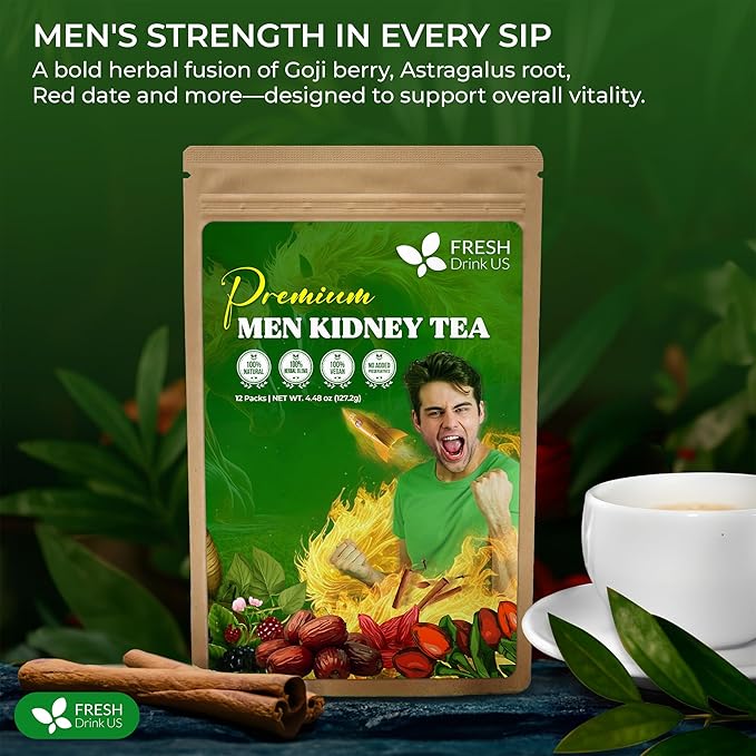 FreshDrinkUS, 12 Packs of Premium Herbal Kidney Support Tea ??Ginseng Six Treasure Blend, 9 Powerful Ingredients, 10g/Bag ??Men's Wellness Tea with Ginseng and Five Treasure Aid Root.