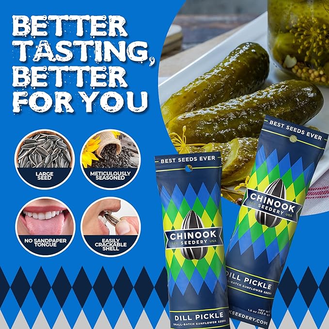 Chinook Seedery Roasted Sunflower Seeds to Eat - 1.5 oz (Pack of 36) Dill Pickle - Jumbo Low Sodium Sunflower Seeds Keto Snacks - Adventure, Baseball, School Snacks - Gluten Free, Non GMO Snacks