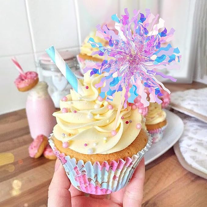 30 PCS Foil Firework Cupcake Toppers Sparkle Tinsel Cupcake Picks Happy Birthday Cake Toppers Drink Stirrers Cocktail Food Fruit Toothpicks for Baby Shower Birthday Party Decorations Supplies Purple
