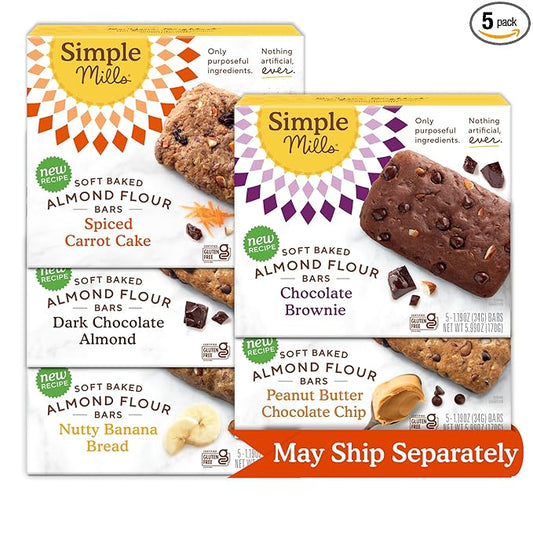 Simple Mills Almond Flour Snack Bars (Nutty Banana, Spiced Carrot Cake, Dark Chocolate Almond, Peanut Butter Chocolate Chip, and Chocolate Brownie) - Breakfast Bars (Pack of 5)
