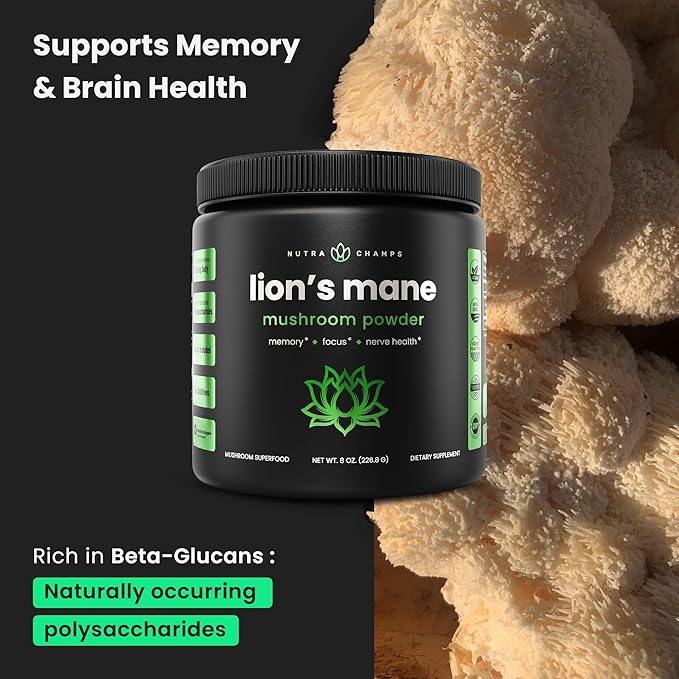 NutraChamps Organic Lions Mane Powder - 2000mg Powerful Nootropic for Memory, Focus, Immune Support - Vegan Lion?™s Mane Mushroom Powder Supplement with Naturally Occurring Beta-Glucans - 8oz