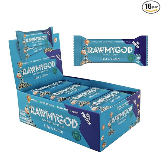 RAWMYGOD Fruit and Nut Bars, Good Source of Protein (10g, 25% protein content), Gluten Free, Vegan, No Added Sugar (16 bars, Chia & Choco)
