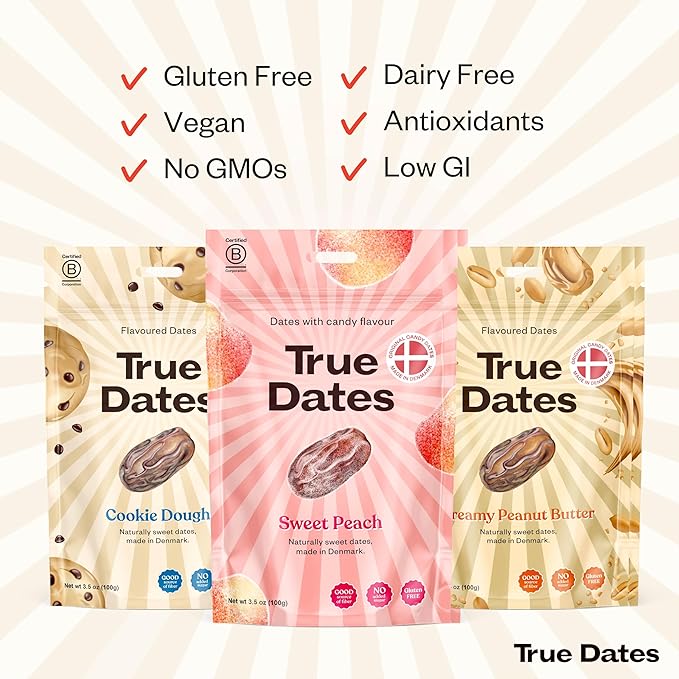 True Dates, Sweet Flavor Variety, 3-3.5 Ounce Bags (Creamy Peanut Butter, Cookie Dough, Sweet Peach) - Dates With Candy Flavor, Vegan, No Added Sugar, Gluten Free