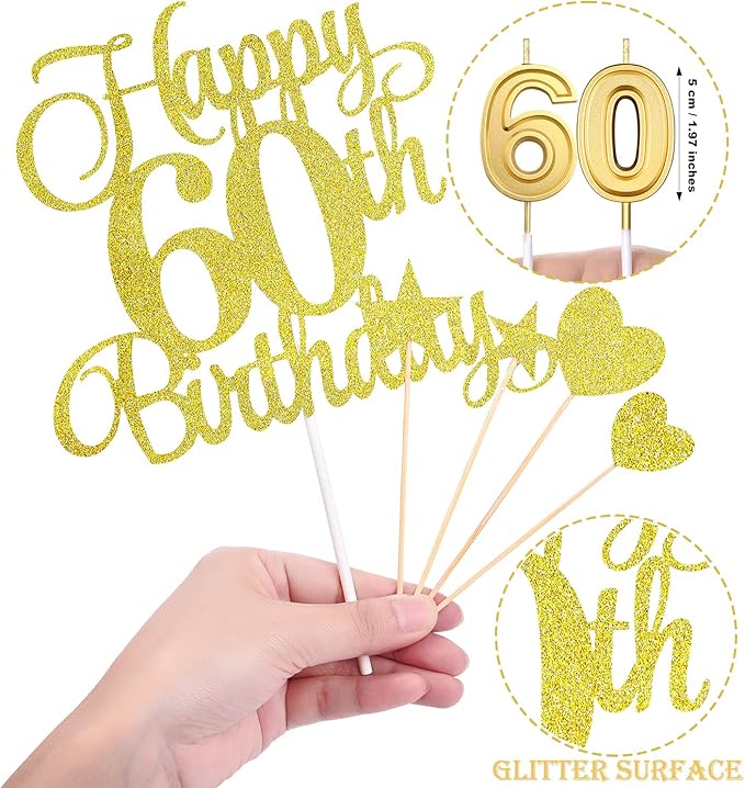 60th Birthday Cake Decorations Set Include 60th Birthday Candles Numeral 60 Cake Candles and Happy 60th Birthday Cake Toppers with Heart Star Cupcake Picks for Birthday Party (Gold Series)