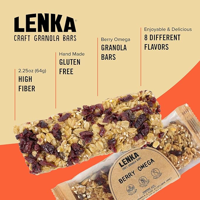Lenka Bars - Berry Omega Snack Bars, Gluten Free, High Fiber, Kosher, Wholesome, No Artificial Flavors, Individually Wrapped - 12 Pack