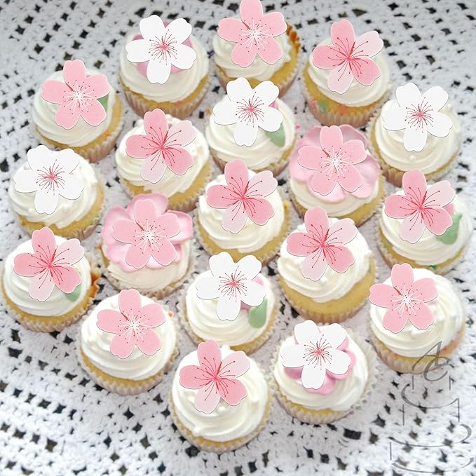 Rsstarxi 60 Pack Edible Cherry Blossoms Cupcake Toppers Rice Paper Cherry Blossoms Flowers Cupcake Picks for Baby Shower Wedding Birthday Party Cake Decorations Supplies
