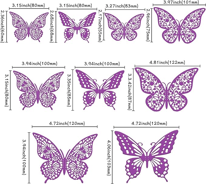 Gyufise 36 Pack Purple 3D Butterfly Cupcake Toppers Hollow Cake Decorations for Birthday Wedding Fairy Party Wall Sticker Decal