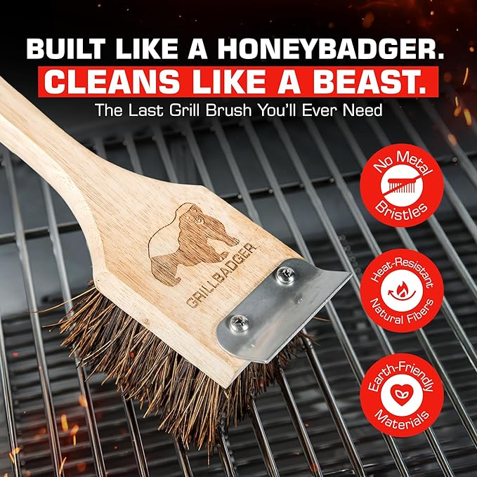 Natural Grill Brush Non Metal Bristles - Durable Non Metal Grill Brush Outdoor Grills Wooden Handle BBQ Cleaning Non-Wire High Temp Cleaner for Cast Iron Grates Safer Scrubber Tools by GRILLBADGER