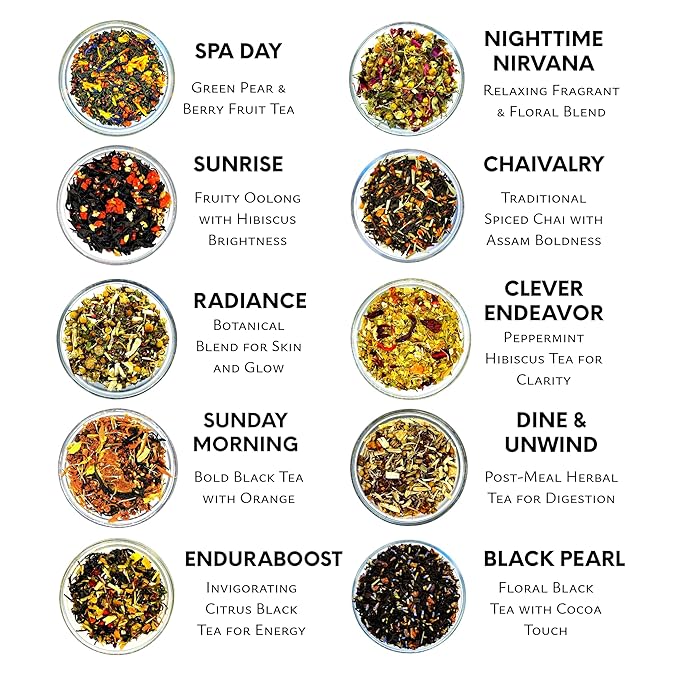 Pure And Easy Tea, Premium Loose Leaf Tea Sampler Set, 30-Count Variety Pack with 10 Herbal & Caffeinated Flavors, Natural Wellness & Luxury Tea Gift Box, 150g