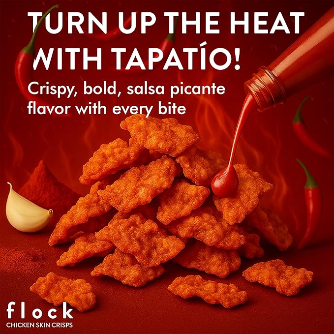 Flock Keto Chicken Skin Chips | Tapatio Flavor | Low Carb, High Protein, Sugar Free, Gluten Free Fried Chicken Skins for People | (1oz) 8-Pack Crispy Flock Chips